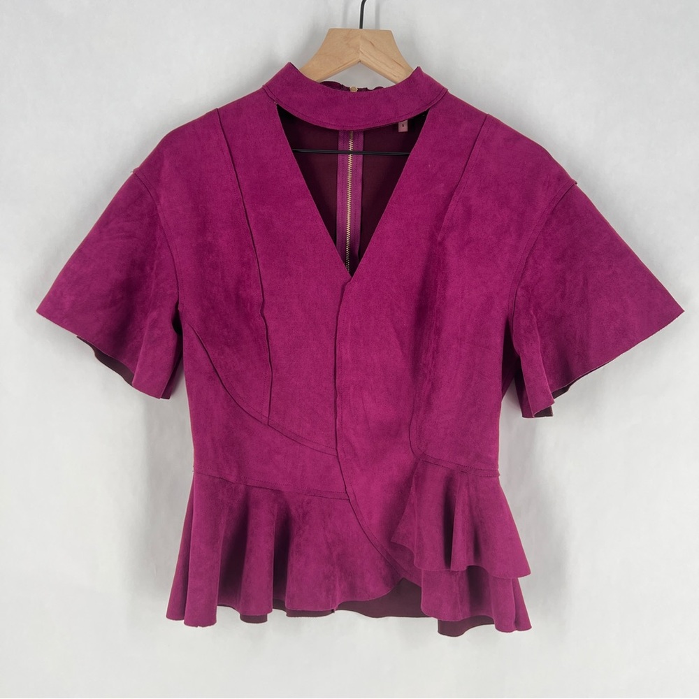 CQ by CQ Elegant Purple Faux Suede Mock V-Neck Cutout Ruffle Hem Peplum Top S